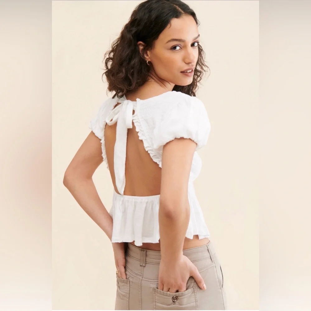 Free People White Charlotte Tie Back Crop Top XS Puff Smocked